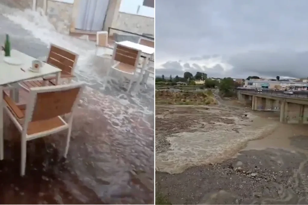 Hevige regen zorgt voor plotselinge vloedgolf in Almería rivier Almanzora komt razendsnel op